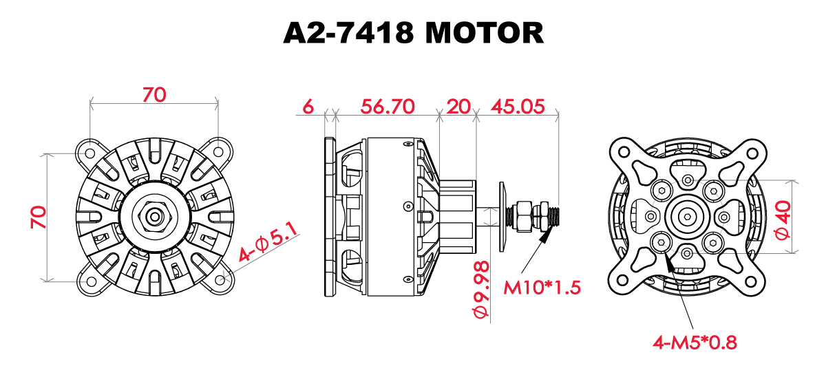 Scorpion A2-7418-210kv (60cc / 5900w / 12s) Full Dimension